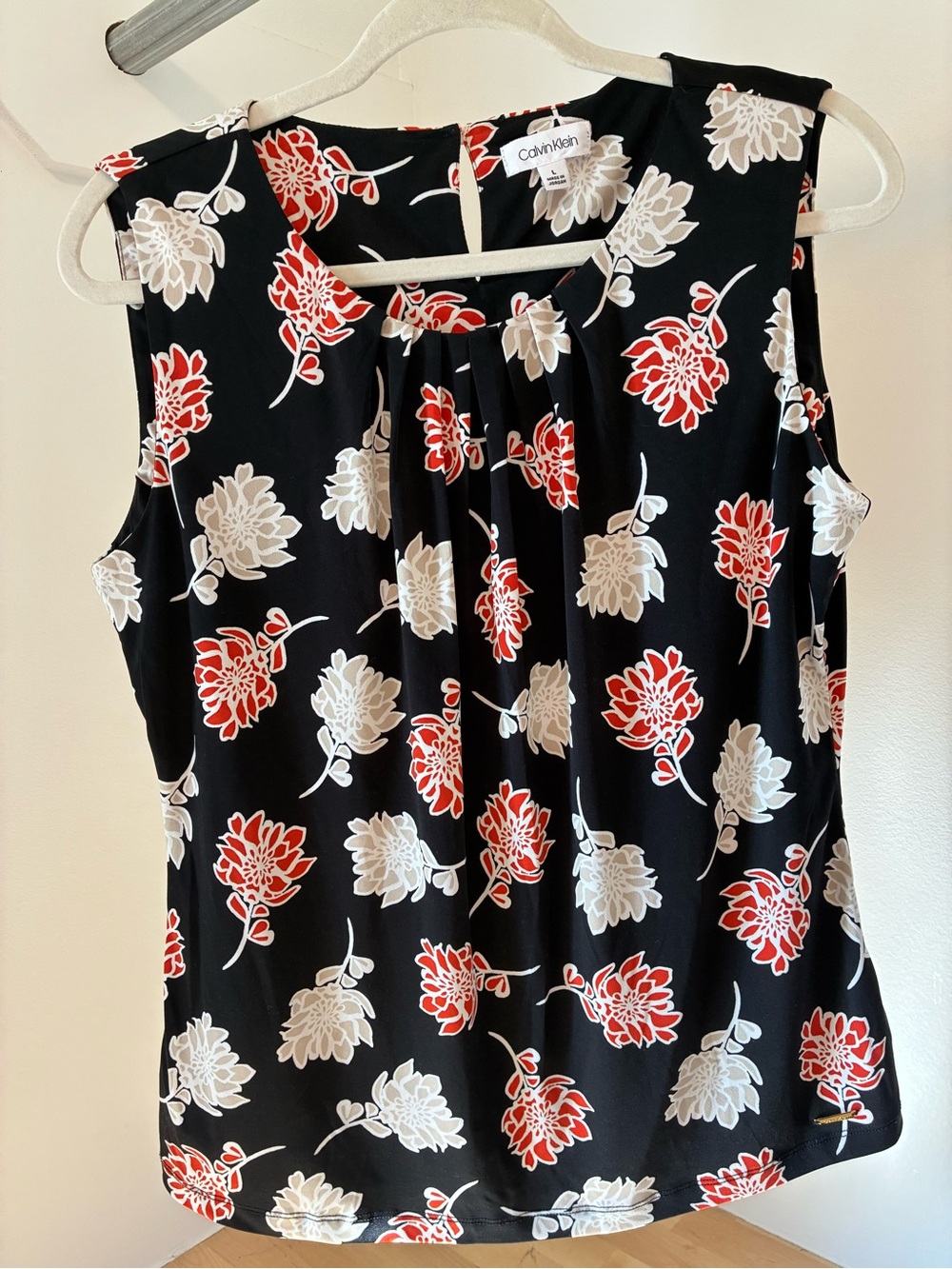 Calvin Klein Black Floral Sleeveless Top with Red & Cream Blooms